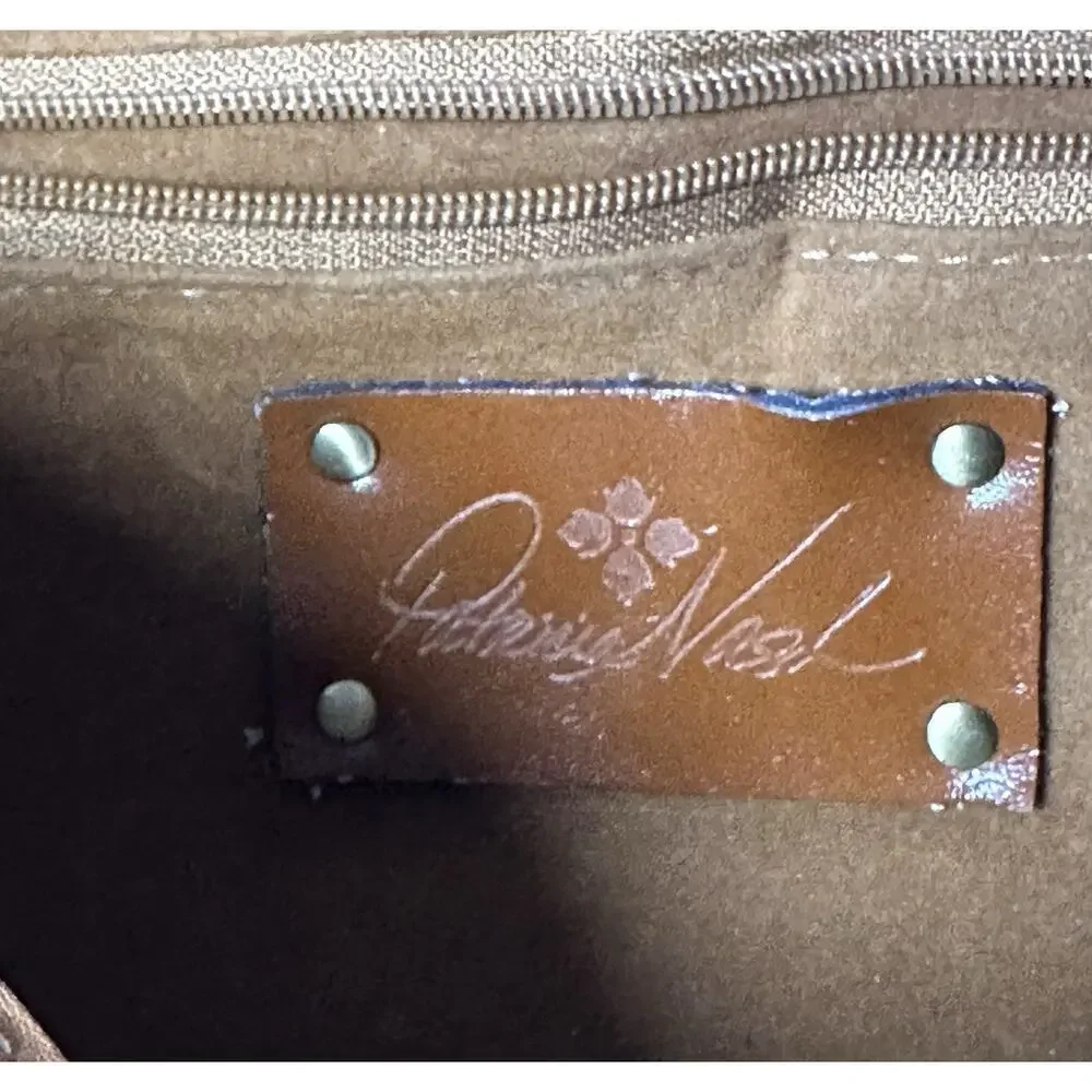 Patricia Nash Tan Leather Shoulder Bag Embossed Logo Contrast Stitching